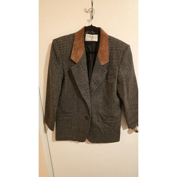 VTG International Scene Blazer Wool Houndstooth Tweed Jacket Preppy Womens 7/8 - Picture 1 of 12